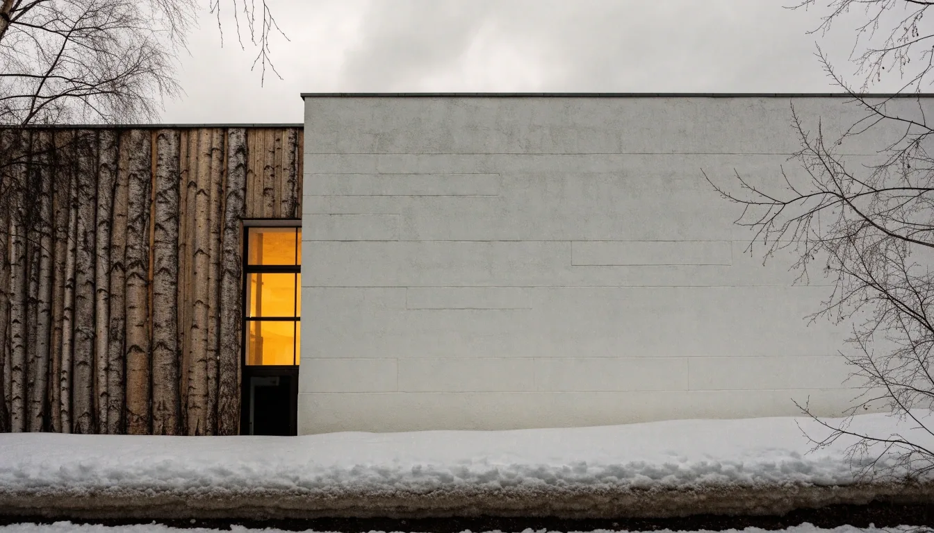 A low public building wall in winter light with one lit window above banked snow