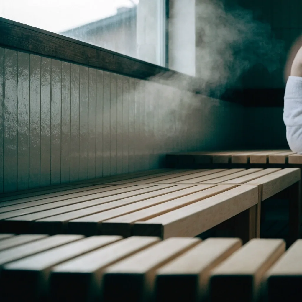 Steam drifting through a high north window inside a Finnish bathhouse, a seated bather at the frame's edge
