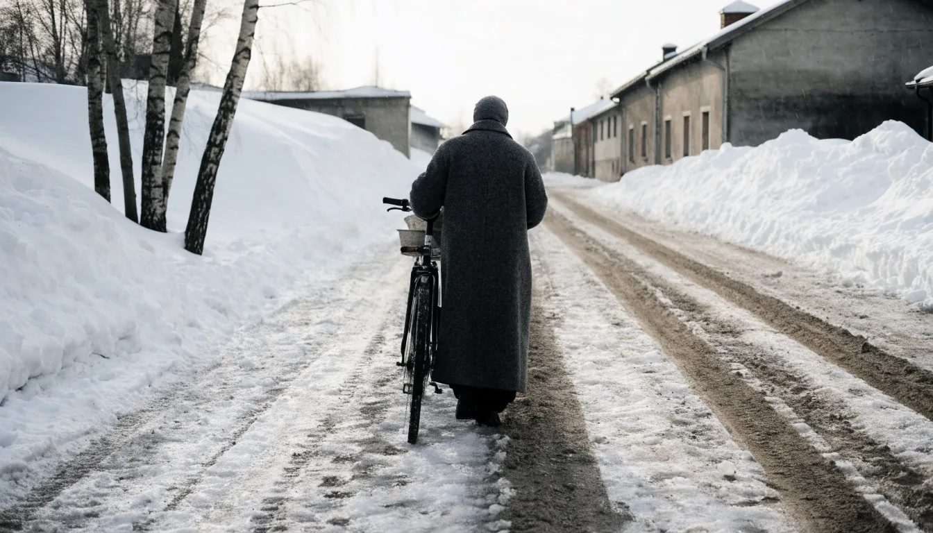 Cyclist riding through fresh snow on a plowed city path under a pale overcast sky