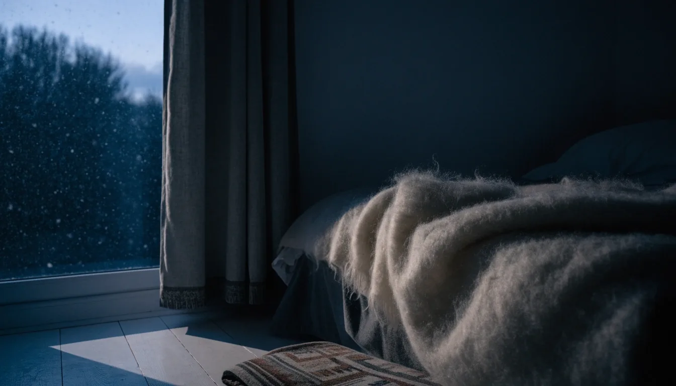 A dim Finnish bedroom at dusk with curtains open onto snowfall, the bed lit only by window light