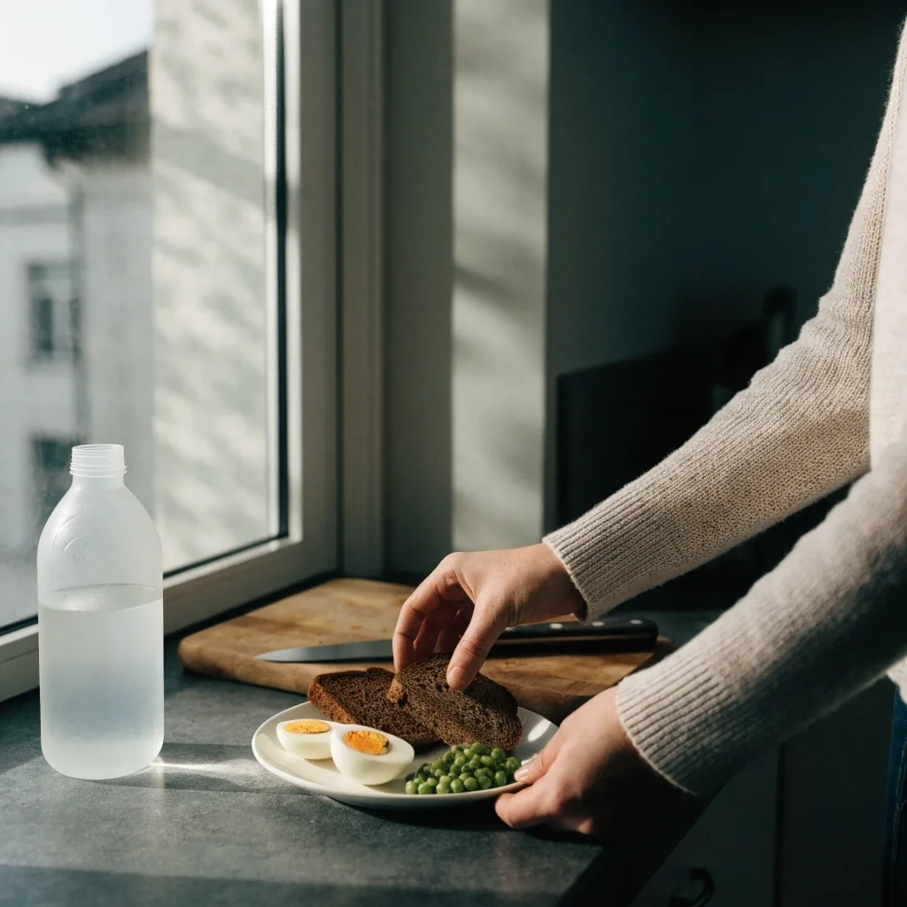 A shared Finnish dining table with rye bread, eggs, peas, and water at midday